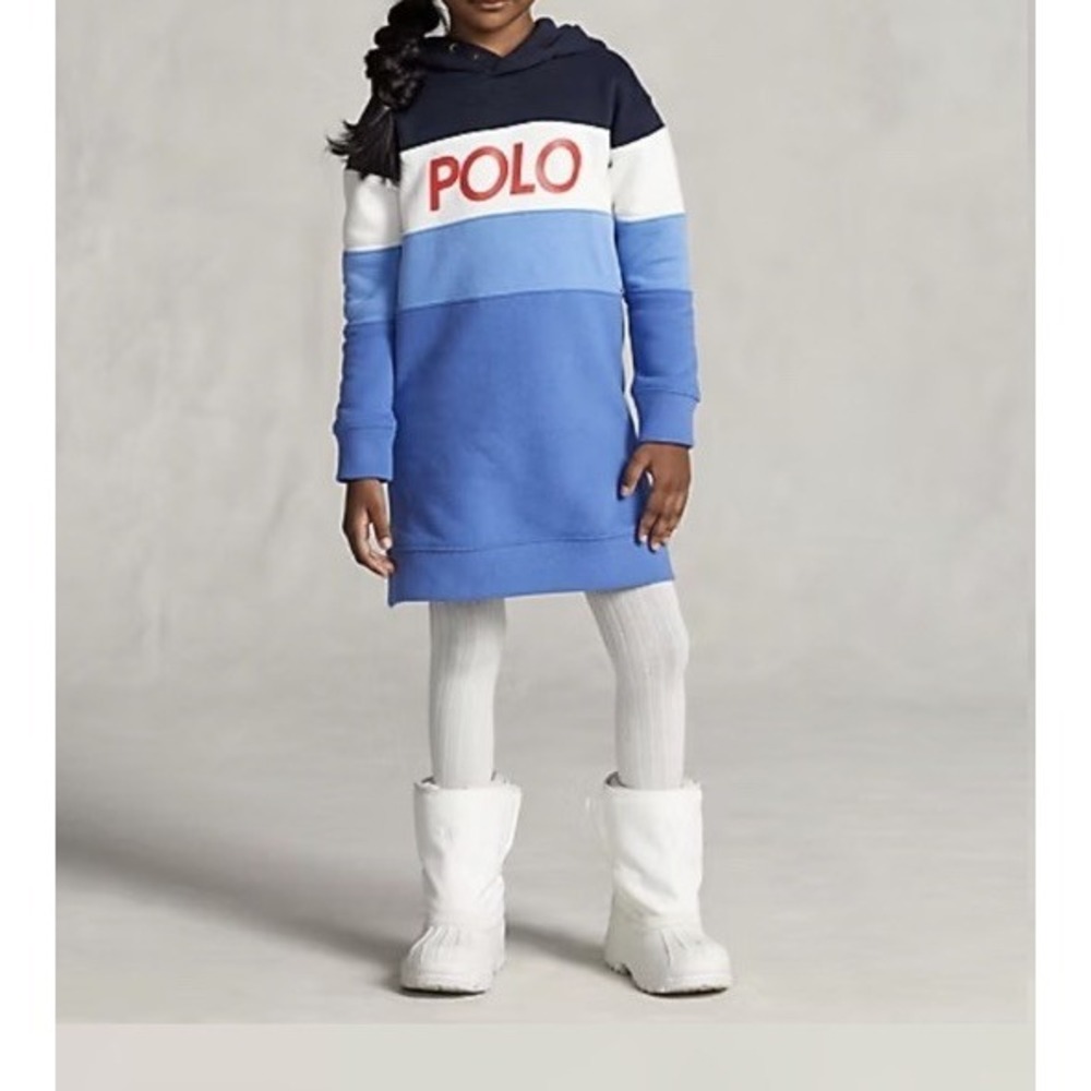 Polo‎ Ralph Lauren Logo Fleece Hoodie Dress Girls ColorBlock Blue Kids 4T Rugby